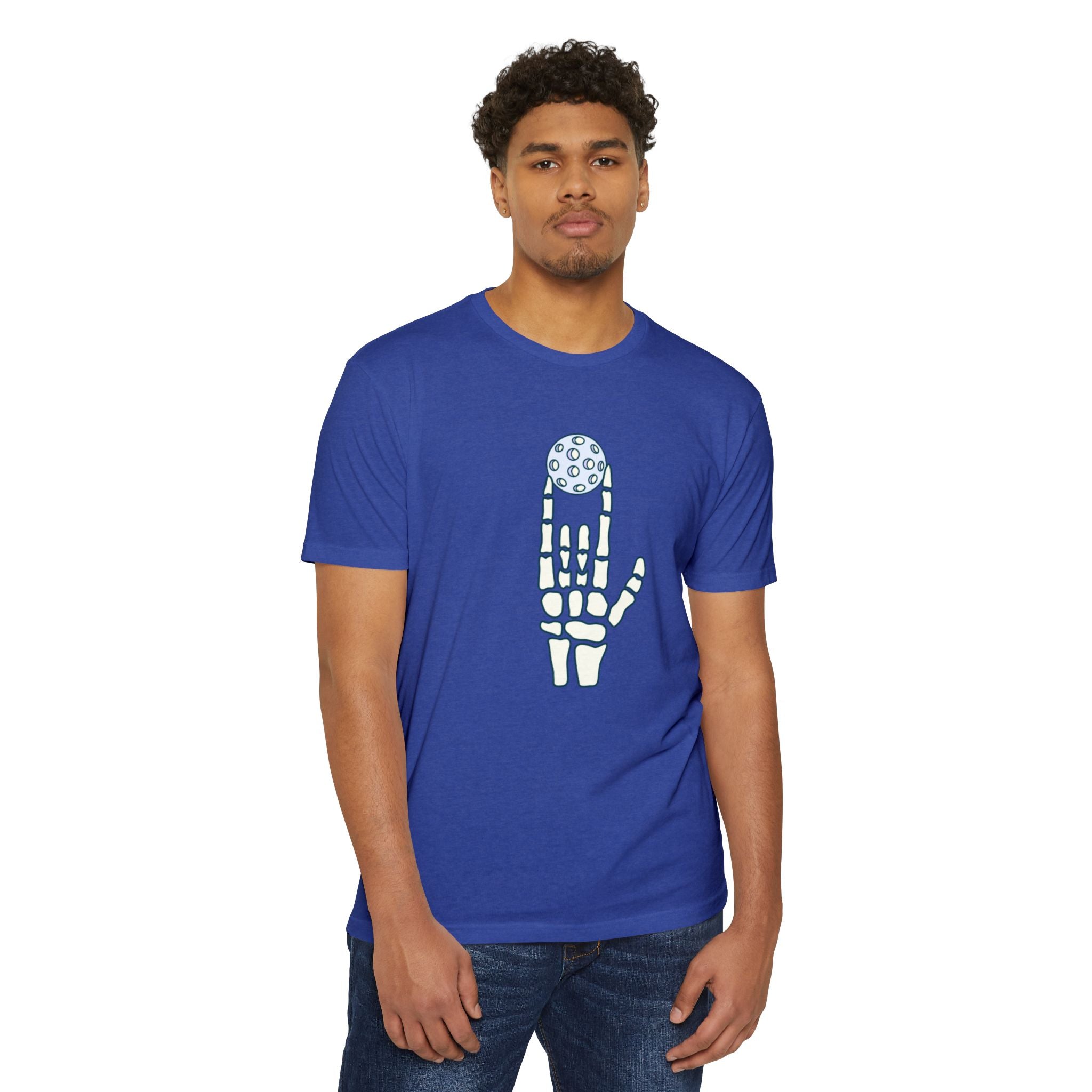 Bone to Dink Pickleball T-Shirt – Blue Skeleton Hand Halloween Tee