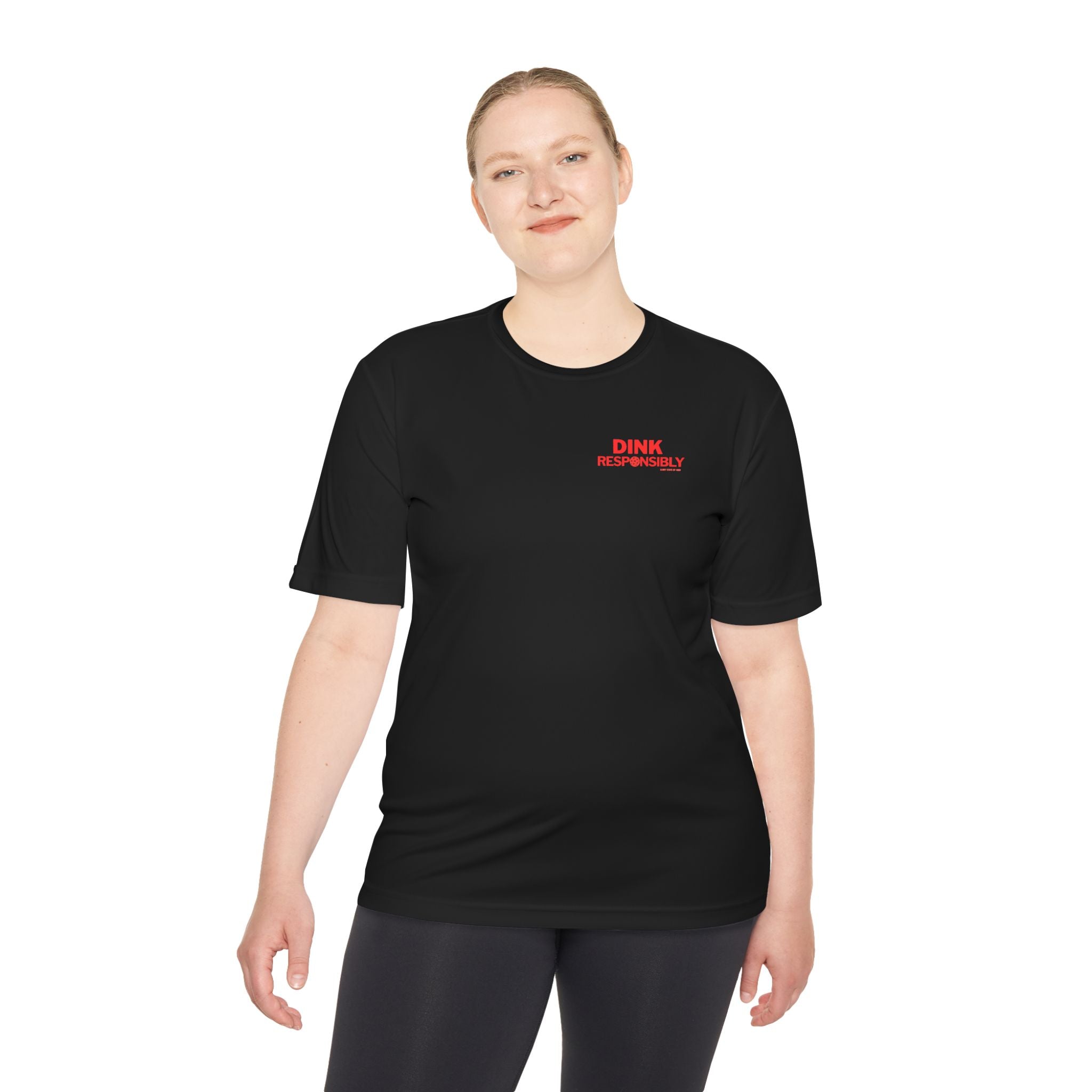 “Warning: May cause uncontrollable dinking.”? Unisex Moisture-Wicking Tee – “Dink Responsibly” in Bold Red