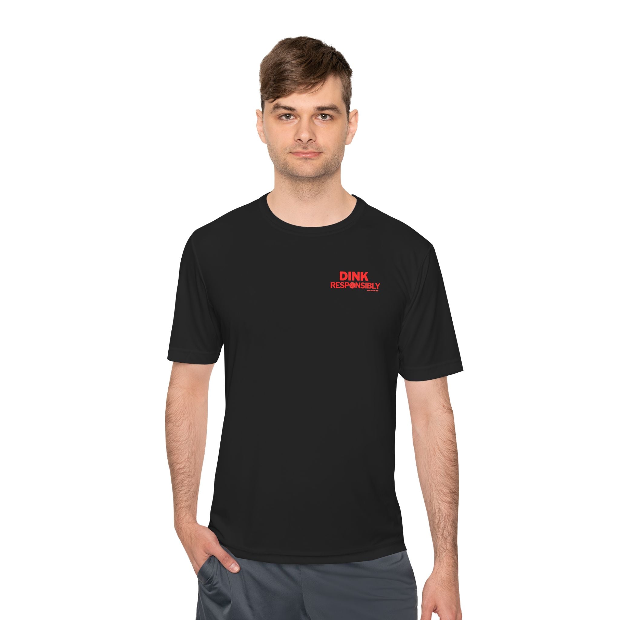 “Warning: May cause uncontrollable dinking.”? Unisex Moisture-Wicking Tee – “Dink Responsibly” in Bold Red