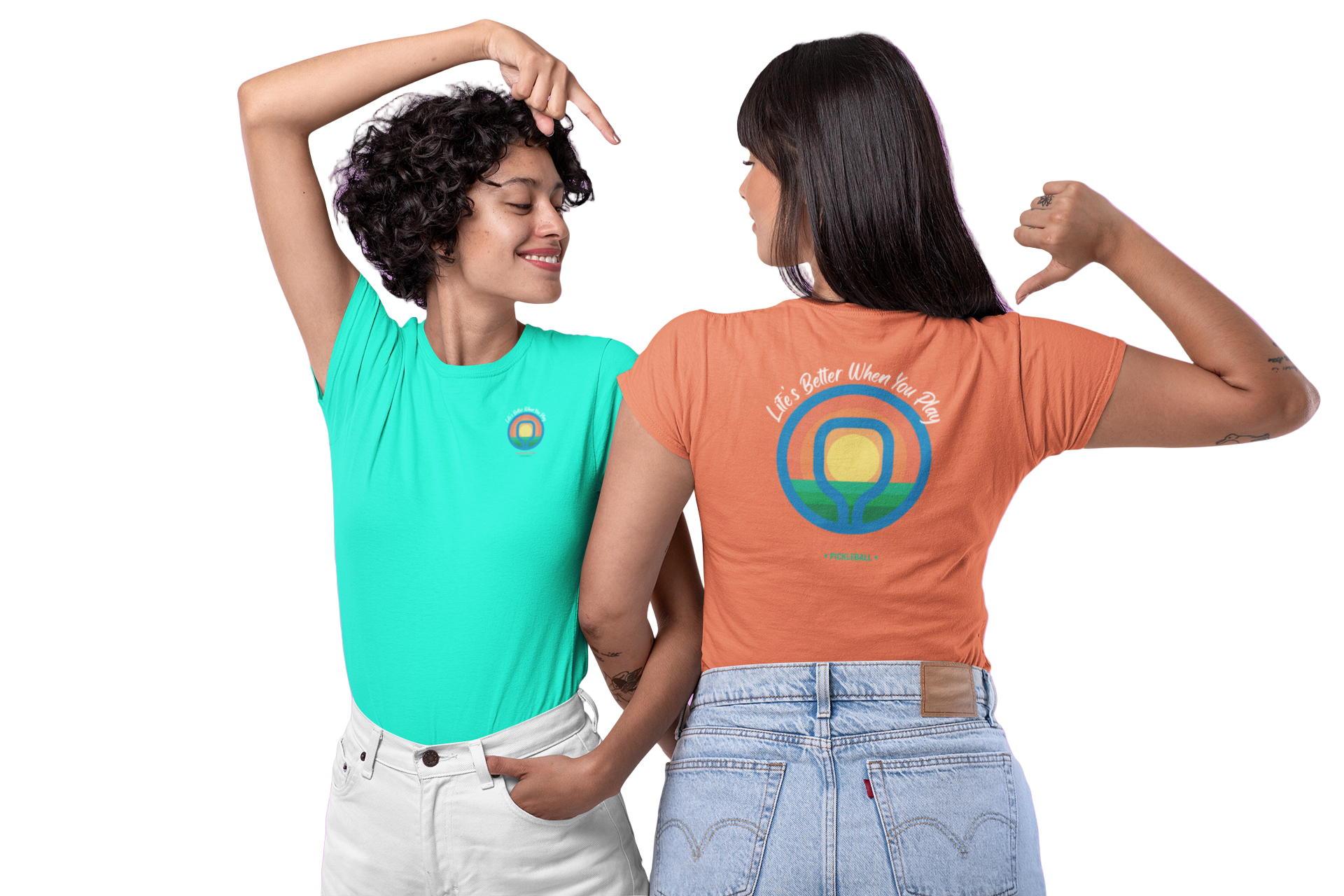 Two people wearing pickleball shirts front and back