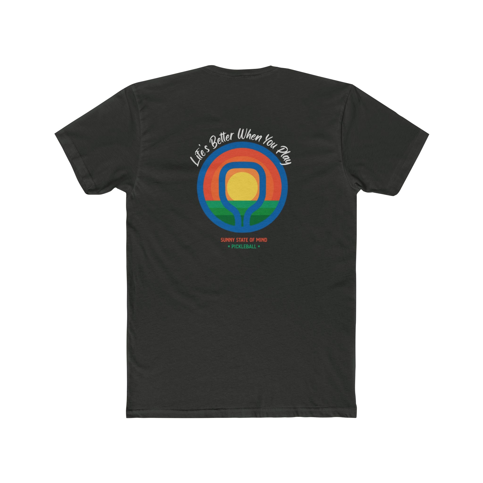 Black t-shirt with colorful graphic and text on the back against a white background