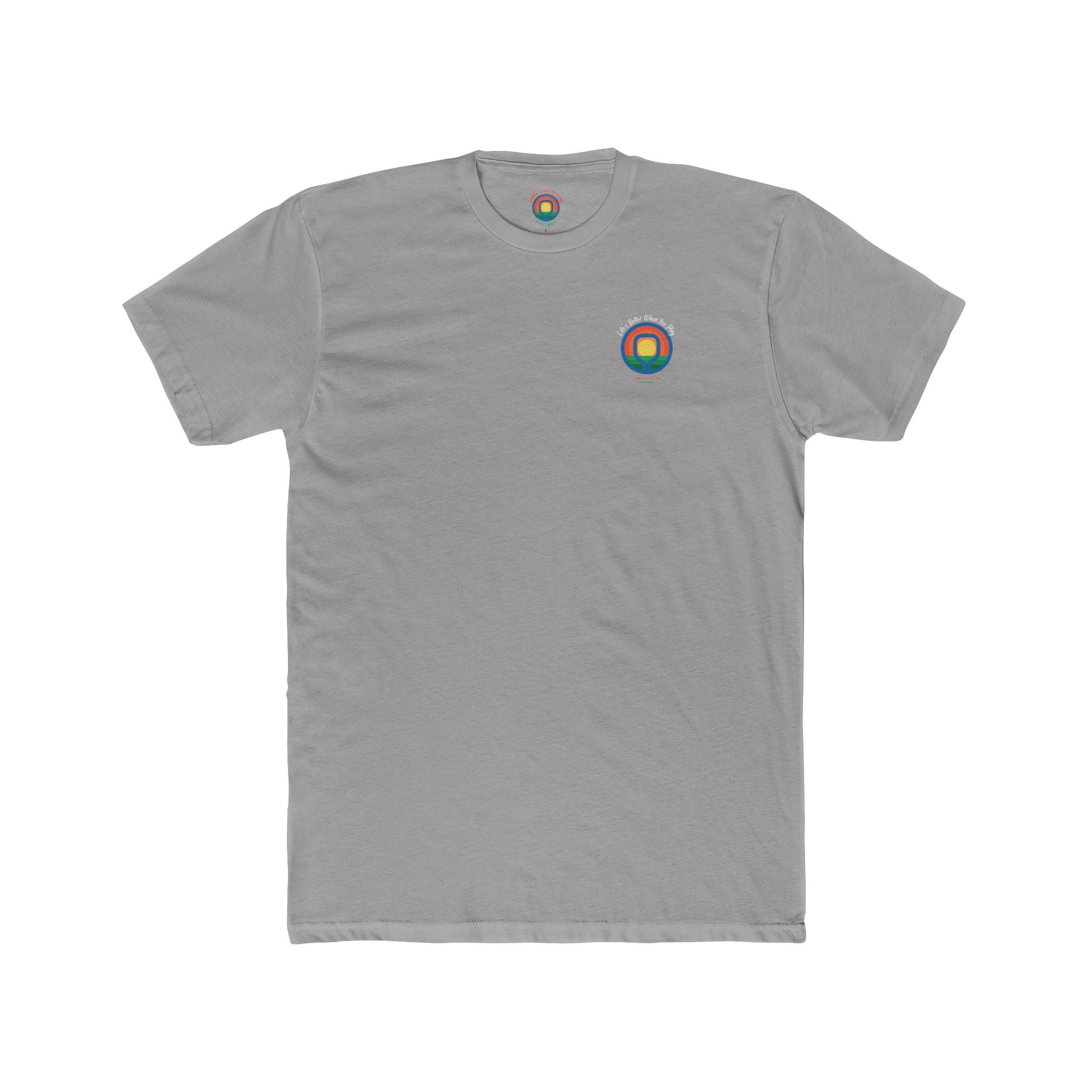 Gray t-shirt with a colorful circular logo on a white background