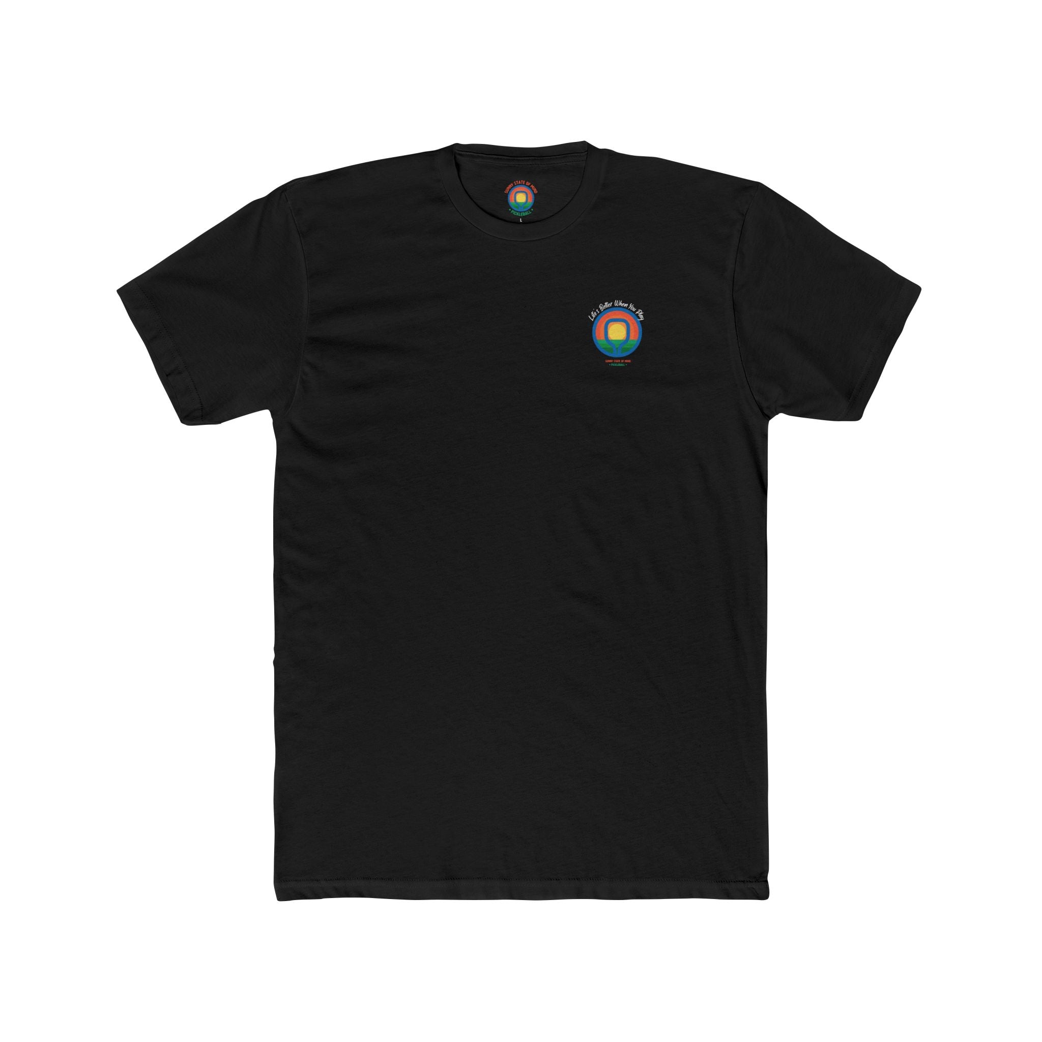 Black t-shirt with a colorful logo on a white background