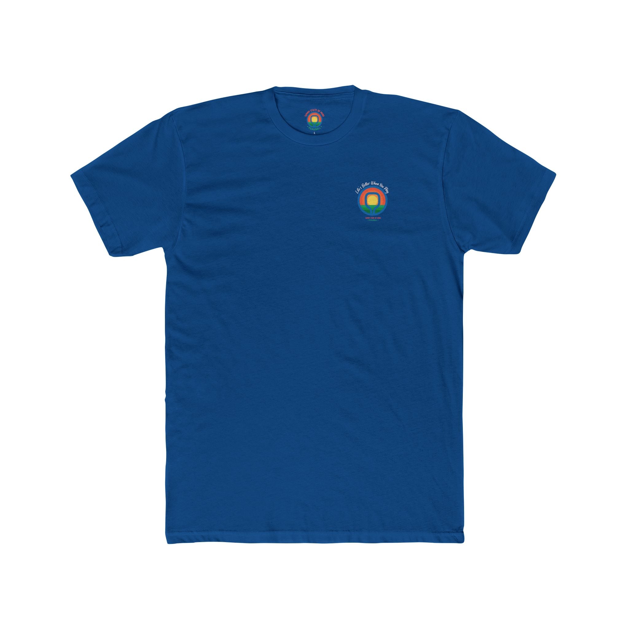 Blue t-shirt with a colorful logo on a white background