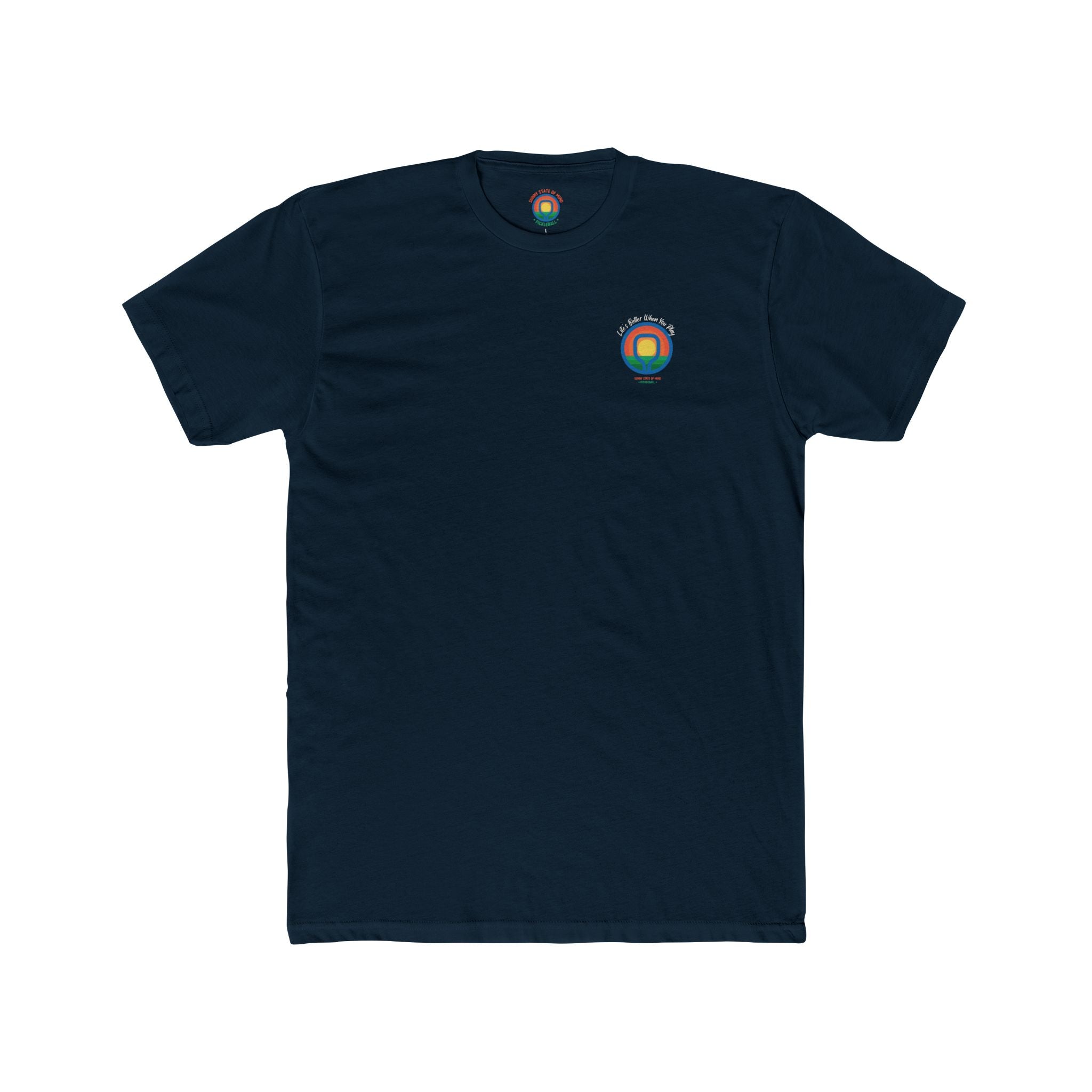Navy blue t-shirt with a colorful logo on a white background