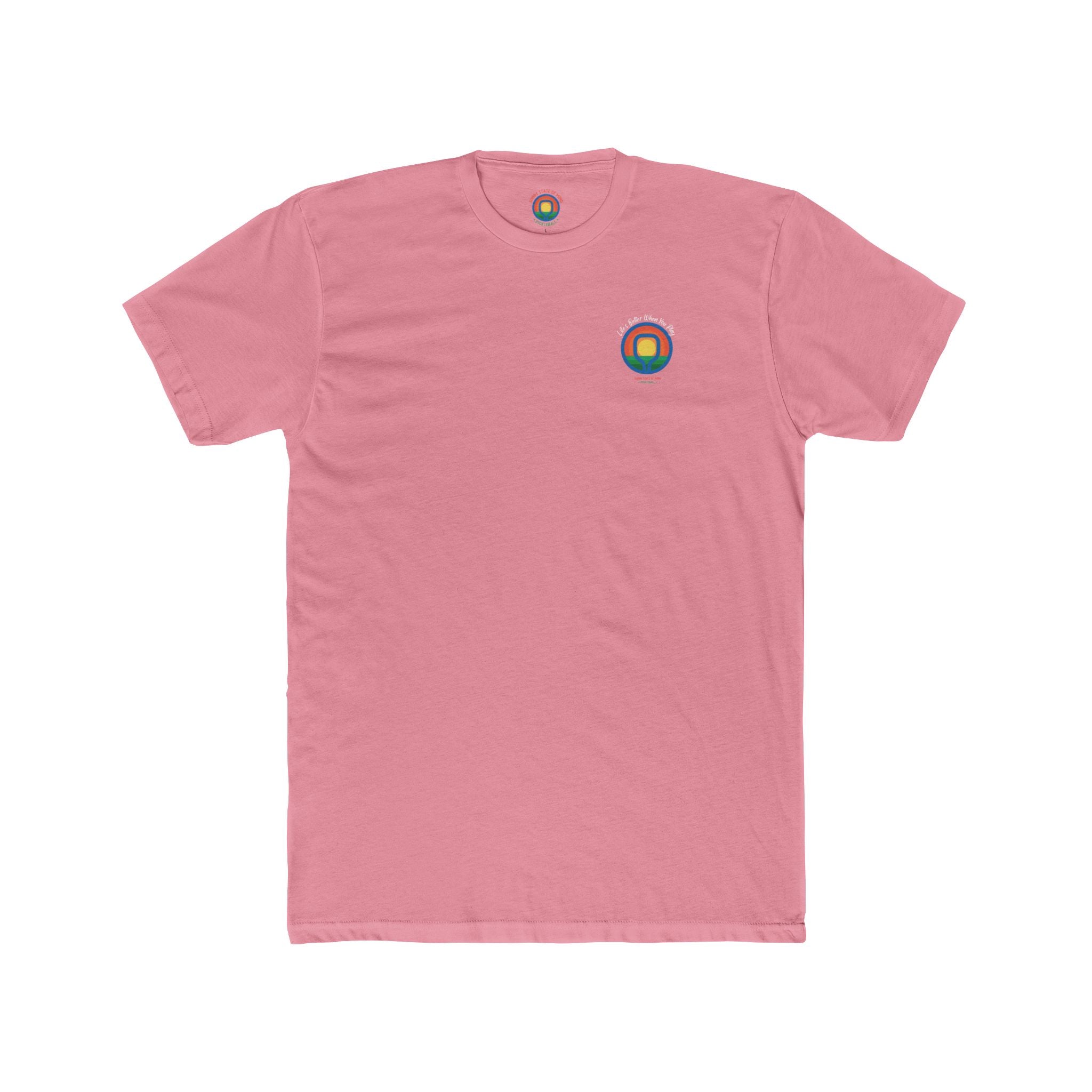 Pink t-shirt with a colorful logo on a white background