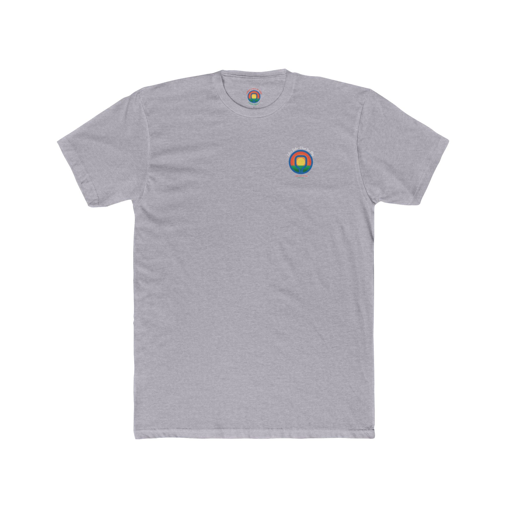 Gray t-shirt with a colorful logo on a white background