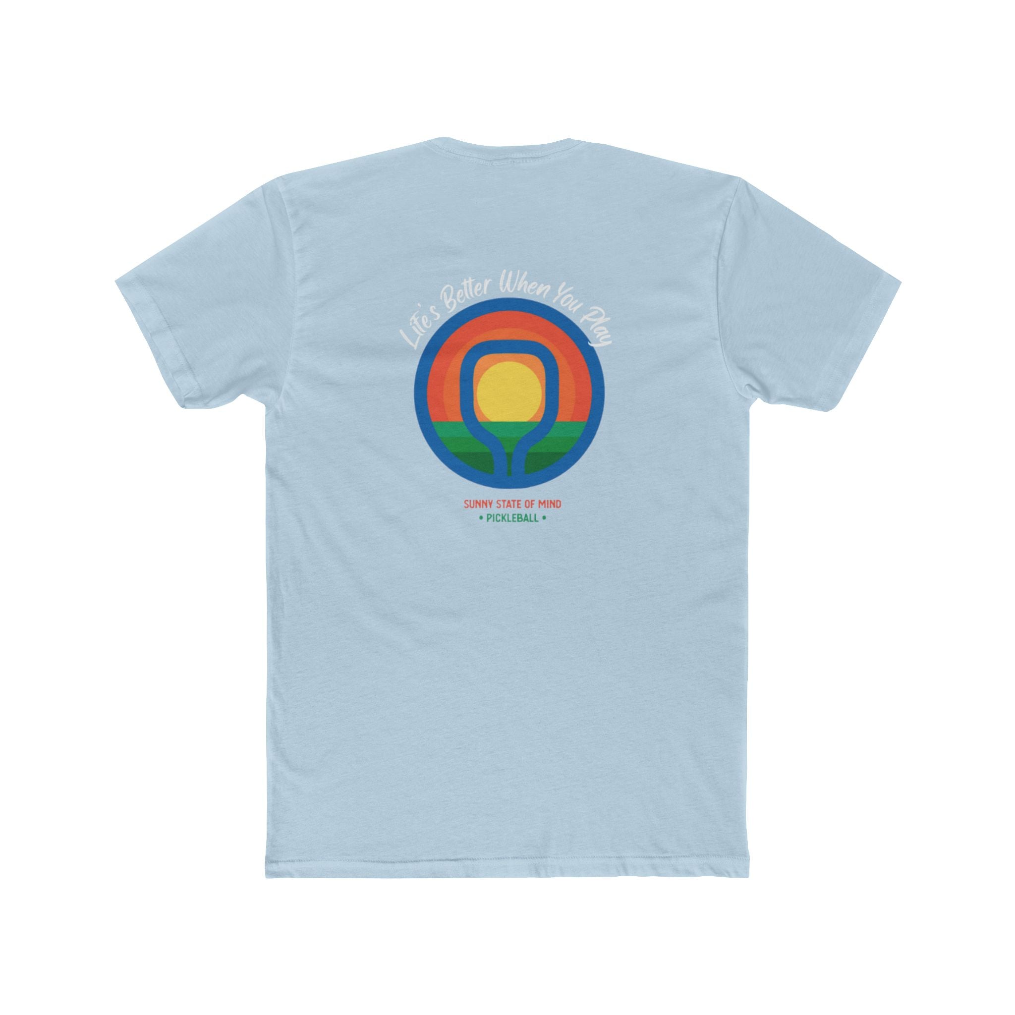 Light blue t-shirt with a colorful pickleball design on the back against a white background