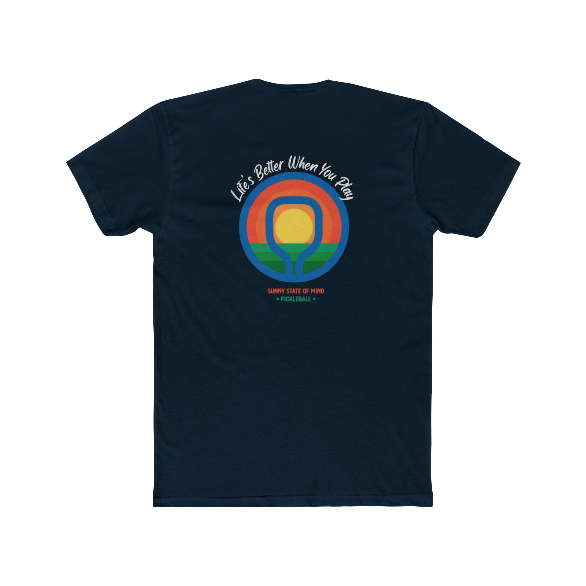 Navy blue t-shirt with colorful graphic and text on a white background