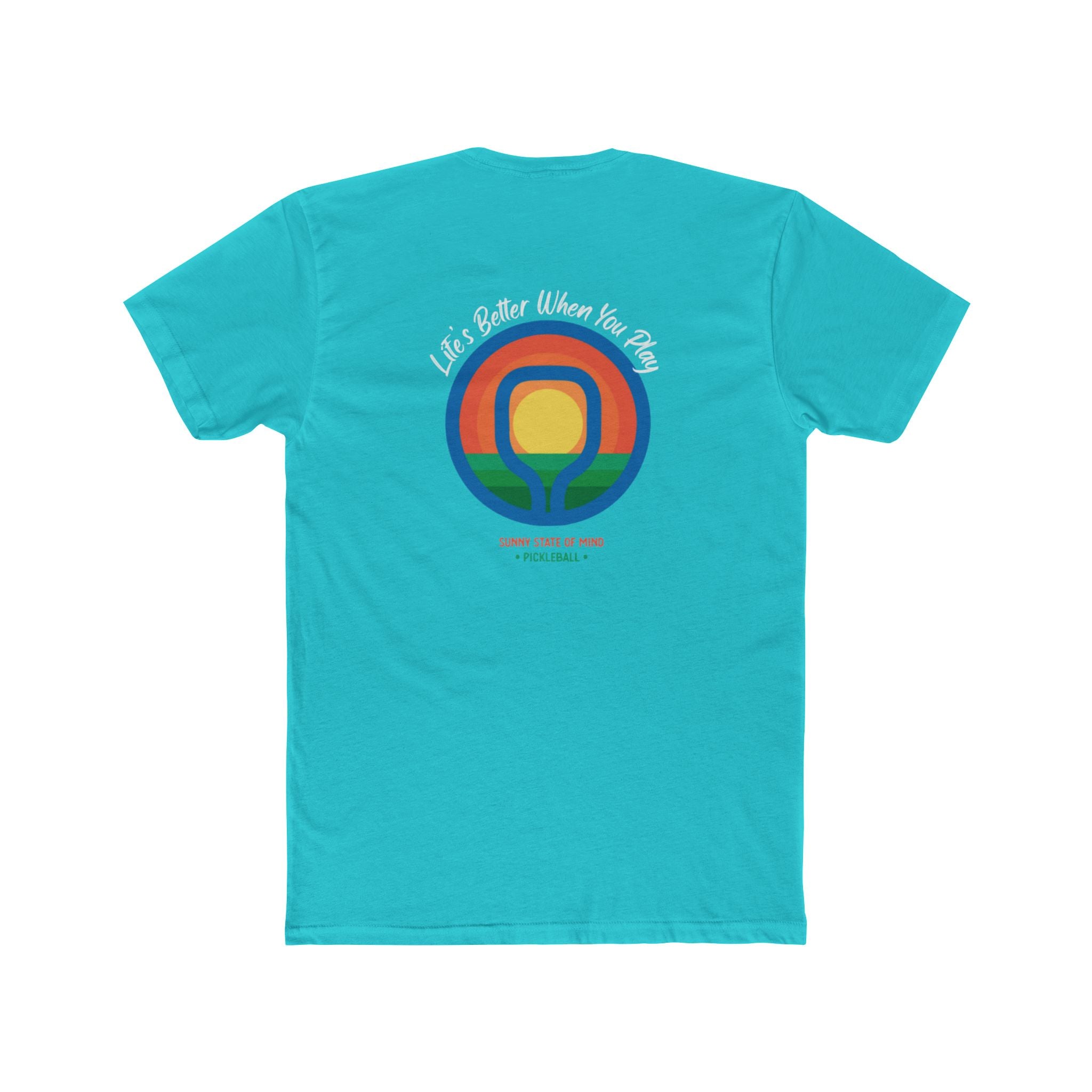 Turquoise t-shirt with a colorful graphic and text on the back against a white background