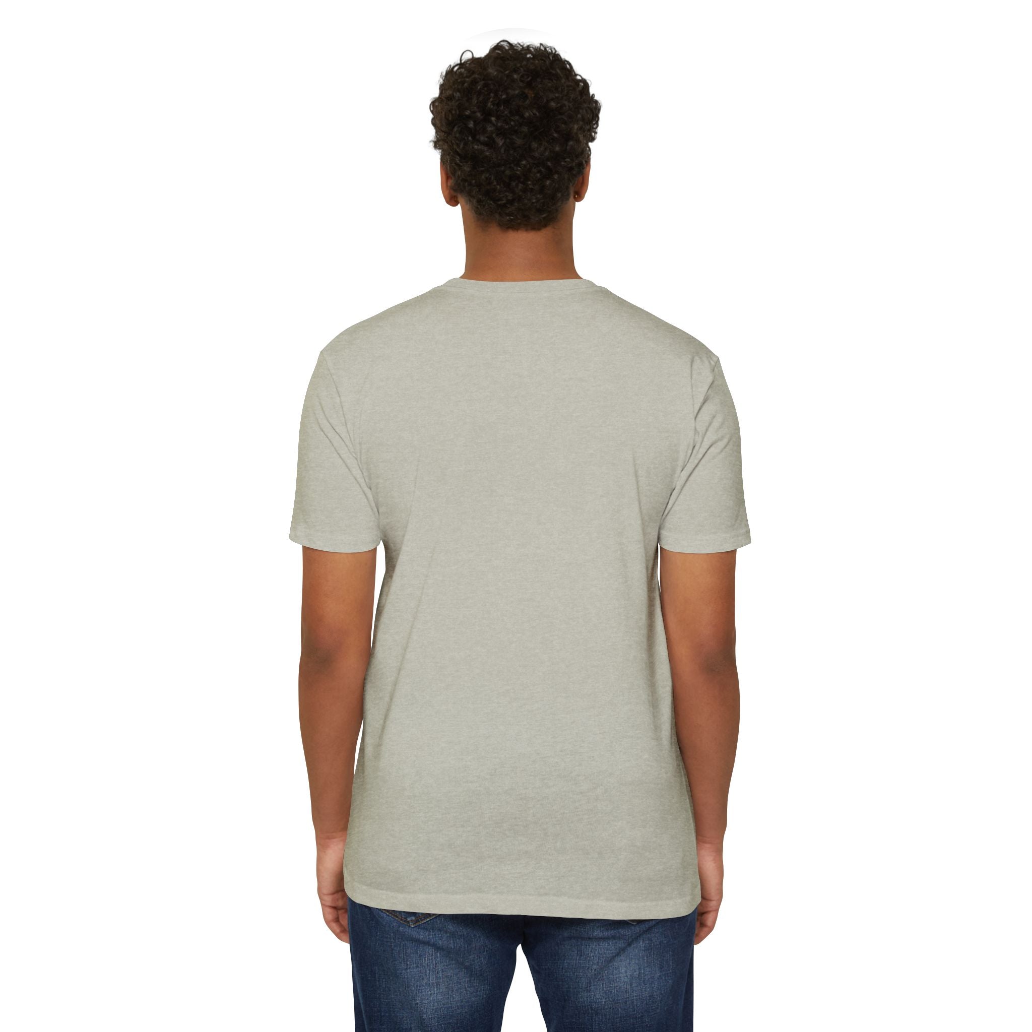 Person wearing a light gray t-shirt on a white background