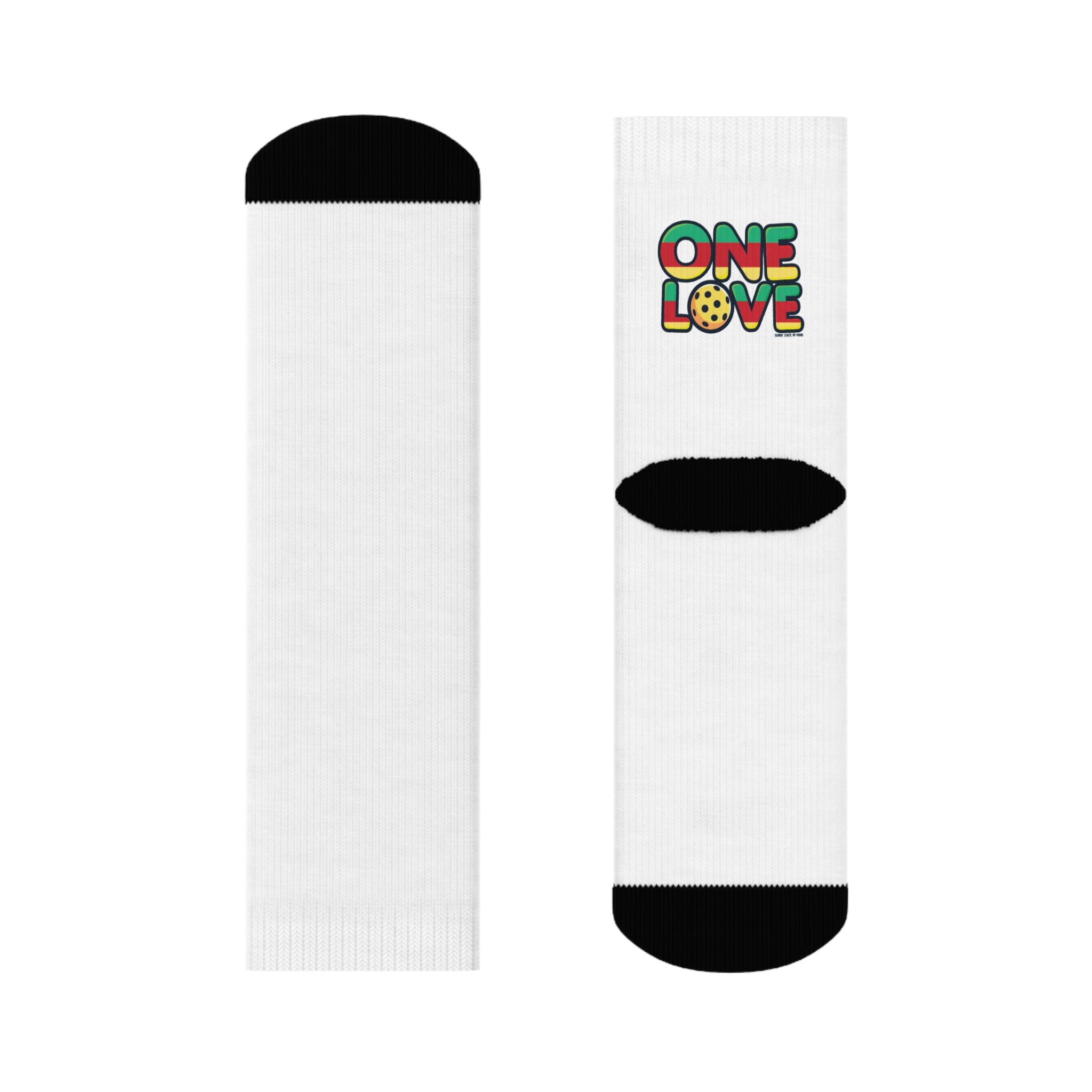 White socks with black toes and heels, featuring 'One Love' text in colorful letters on a white background.