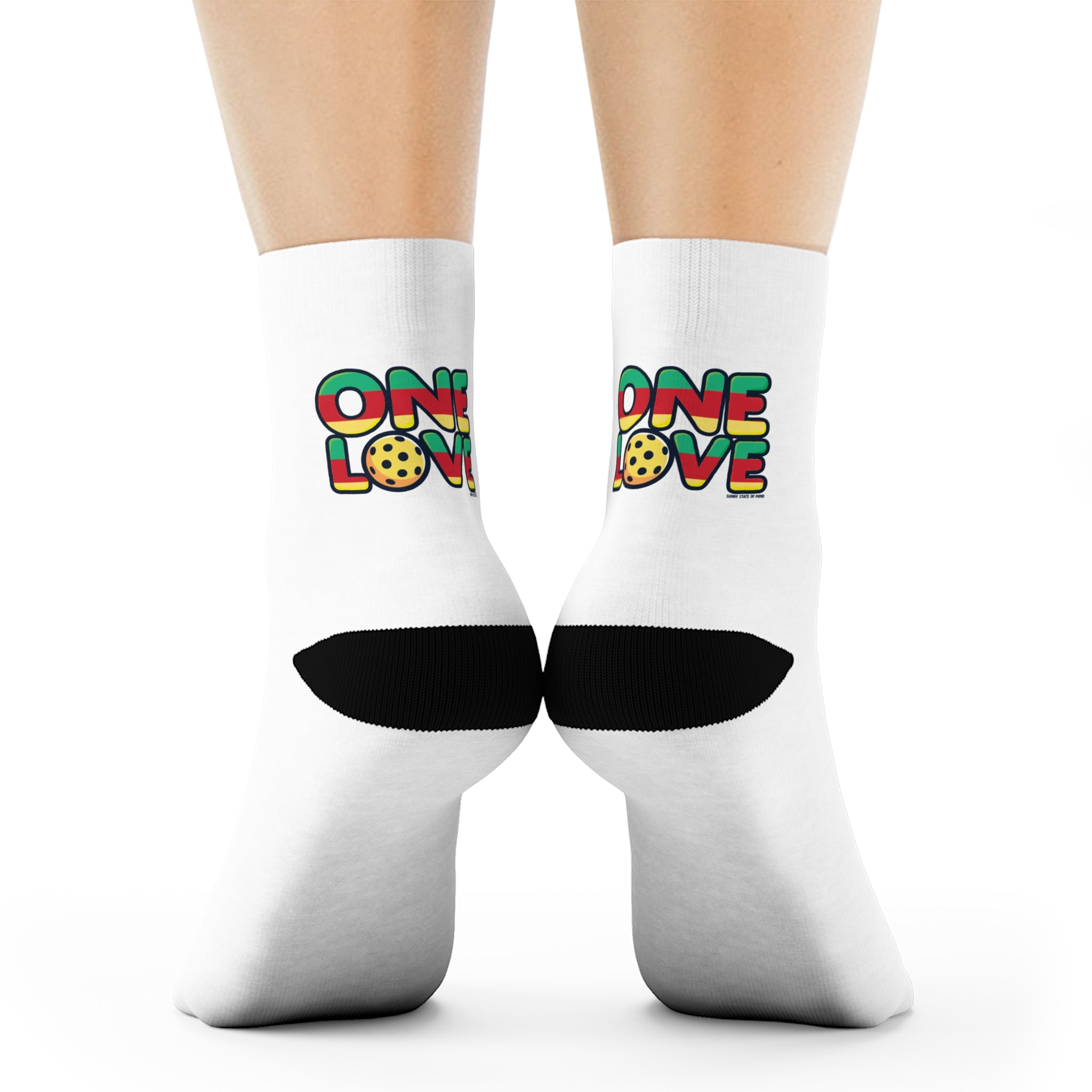White socks with 'One Love' text and smiley face design on a white background