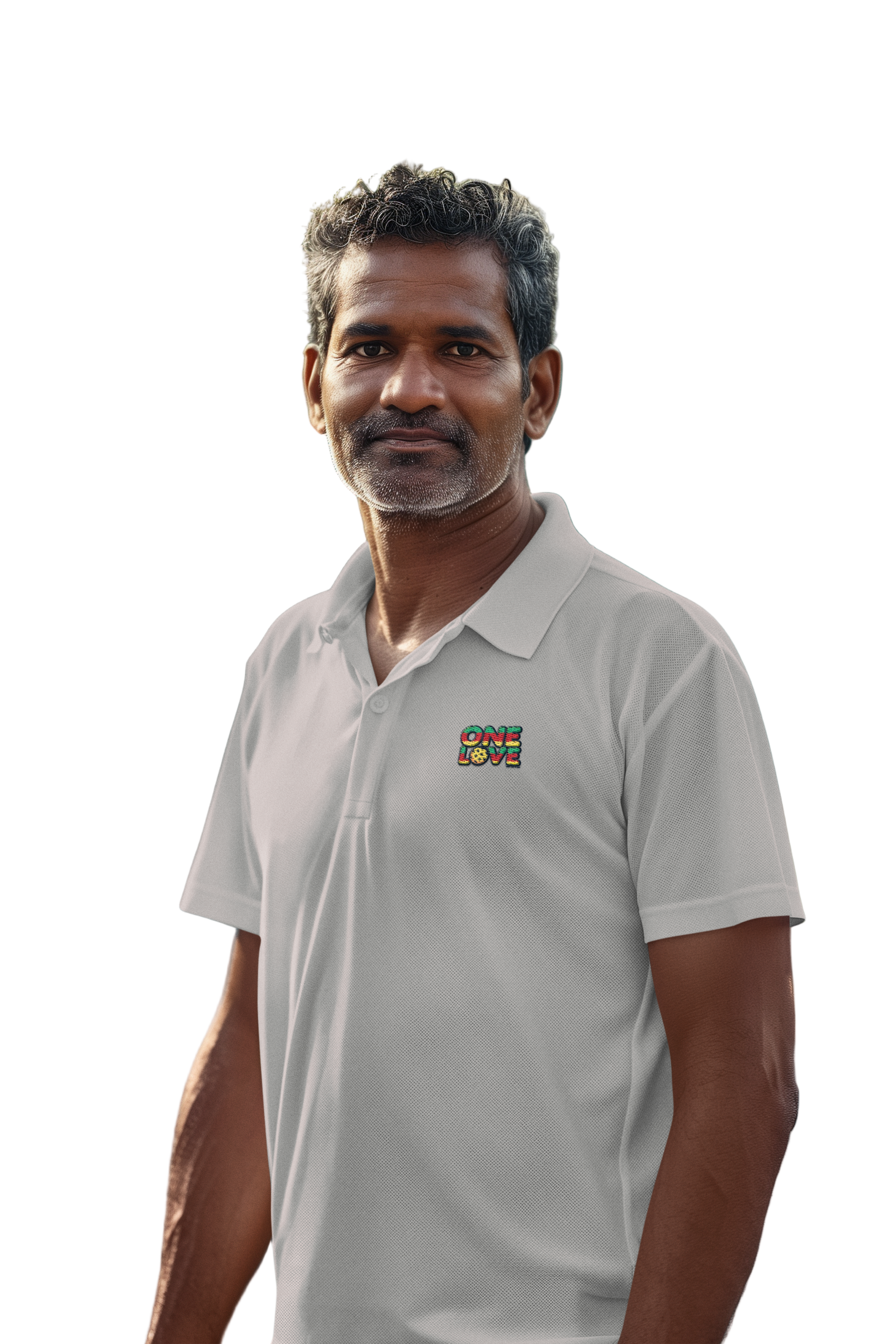 Man wearing a light gray polo shirt with a logo on a tennis court