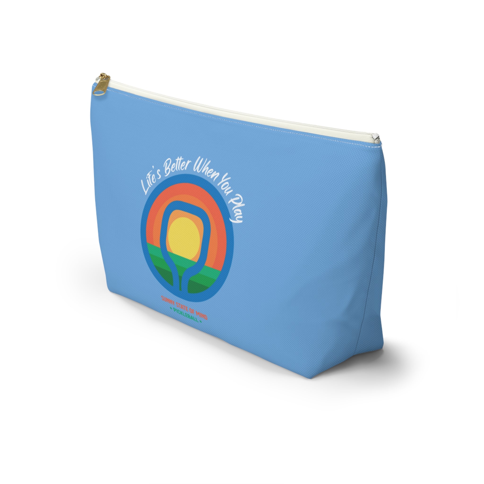 Blue pouch with a colorful design and text on a white background