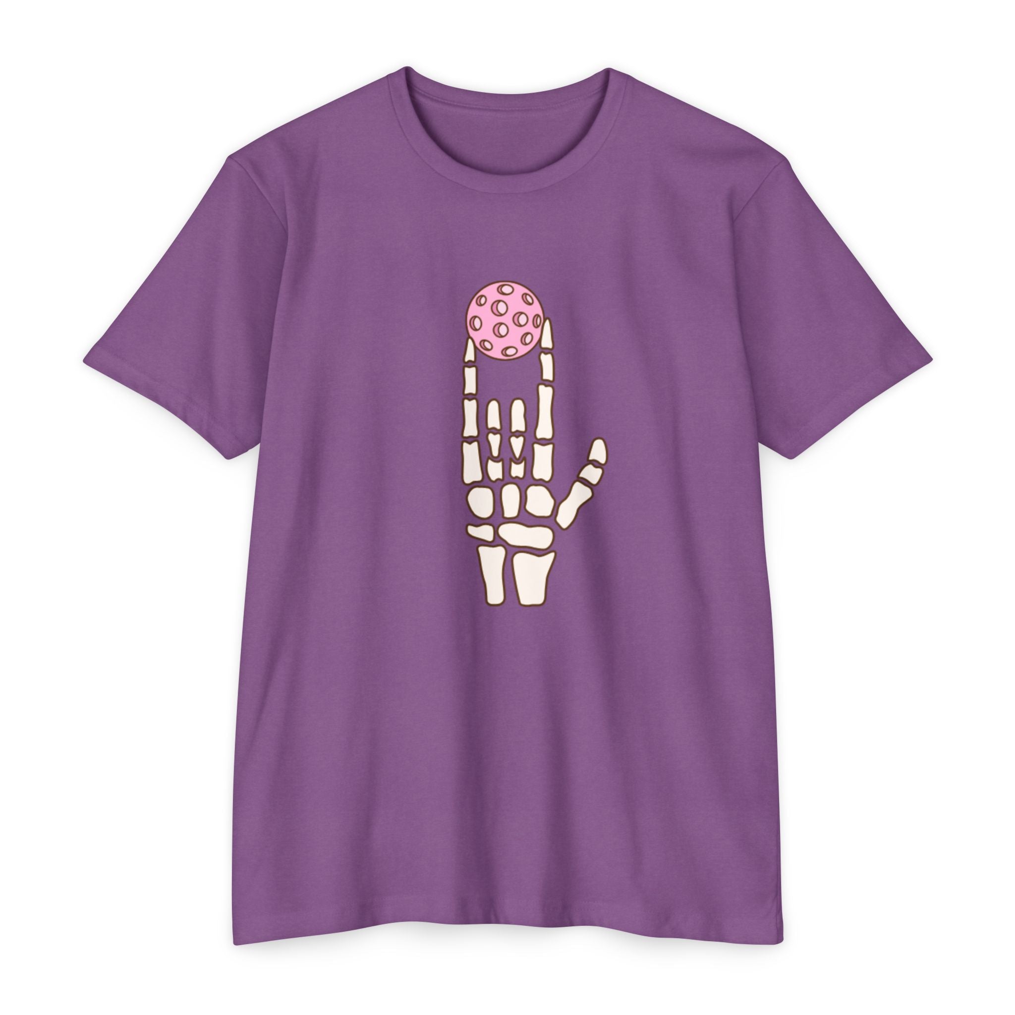 Purple t-shirt with a skeleton hand holding a pink ball design on a white background