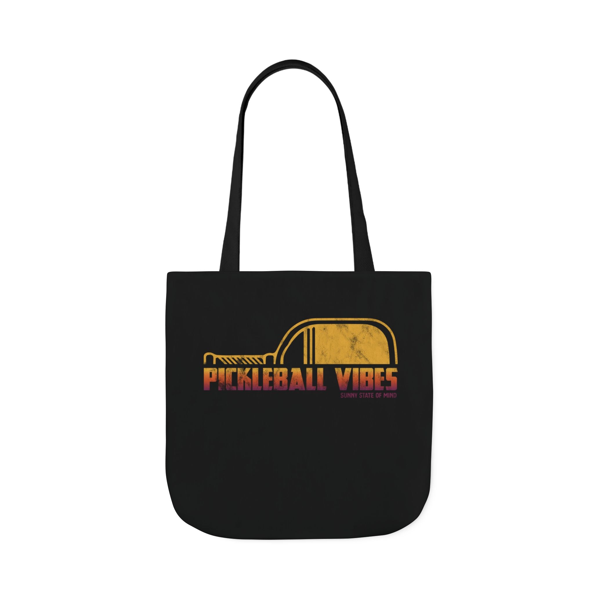 Black tote bag with 'Pickleball Vibes' design on a white background