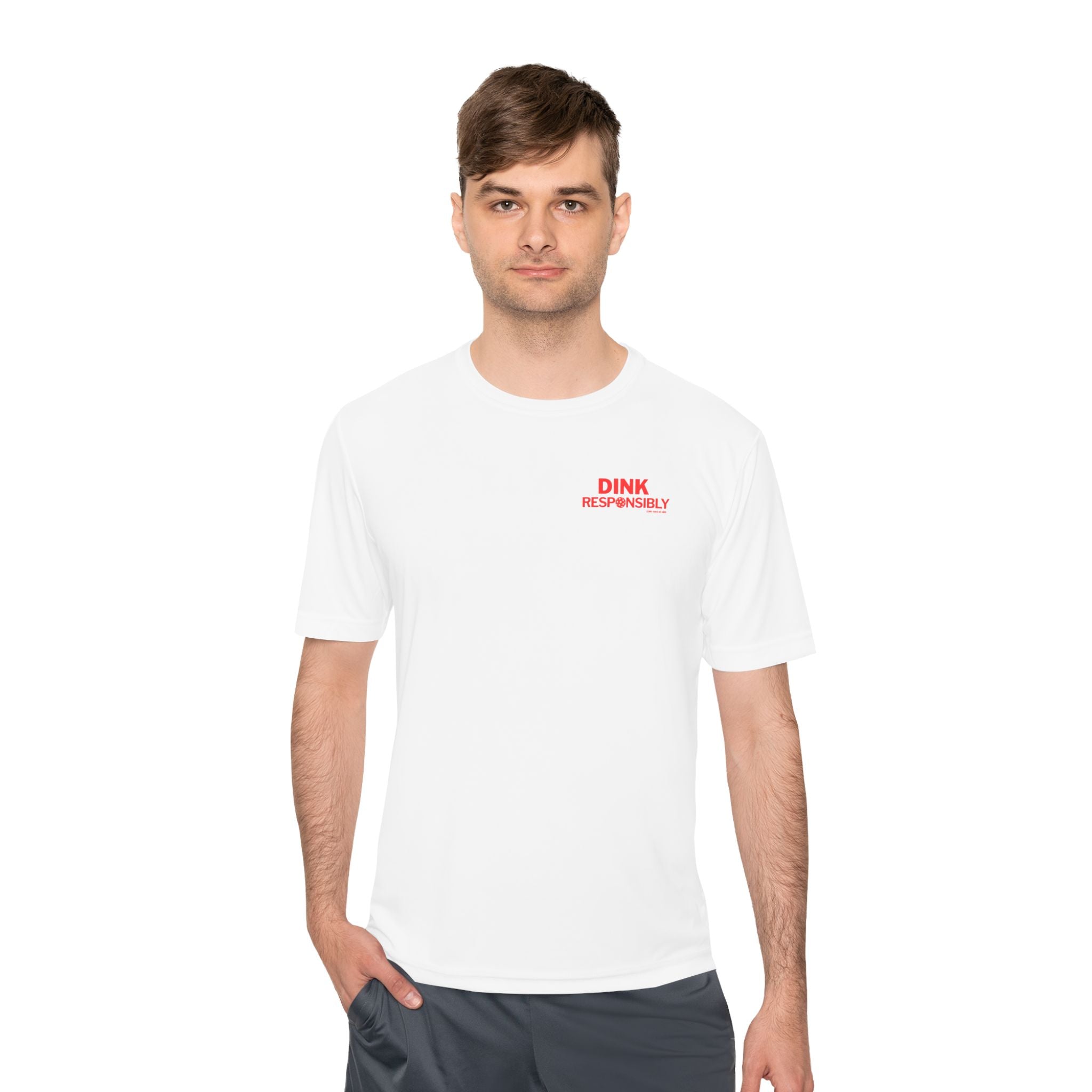 “Warning: May cause uncontrollable dinking.”? Unisex Moisture-Wicking Tee – “Dink Responsibly” in Bold Red