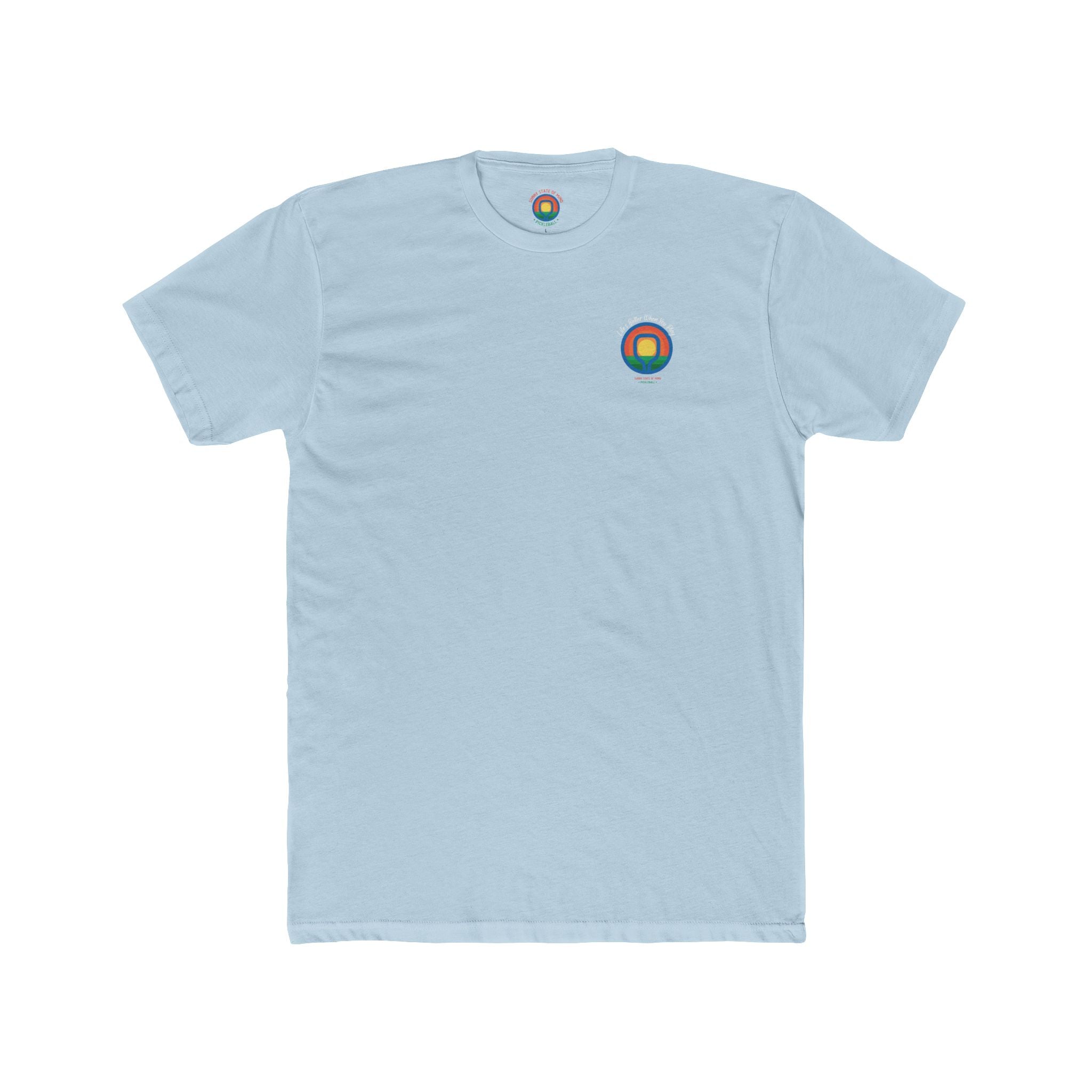 Light blue t-shirt with a colorful logo on a white background