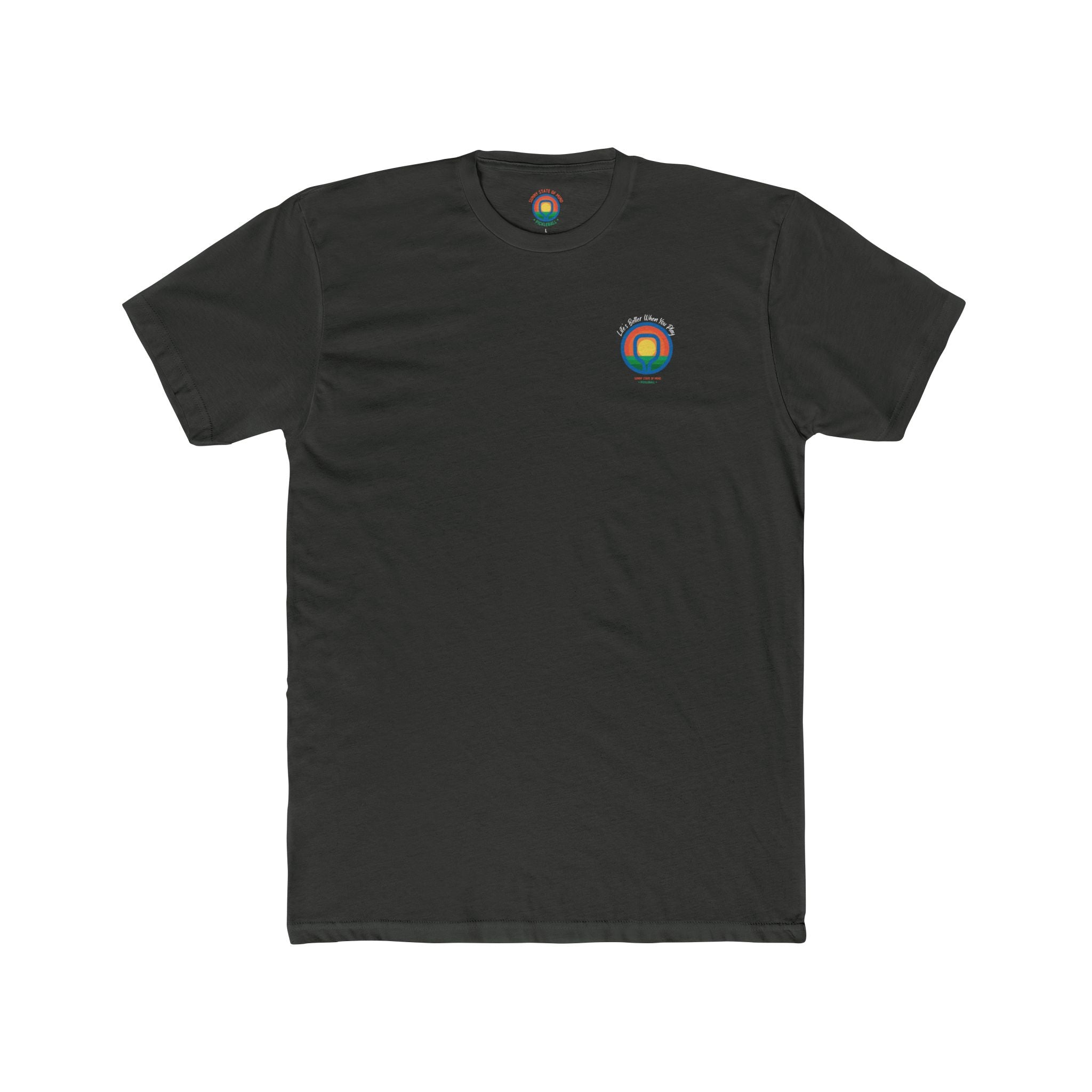 Black t-shirt with a colorful logo on the chest against a white background