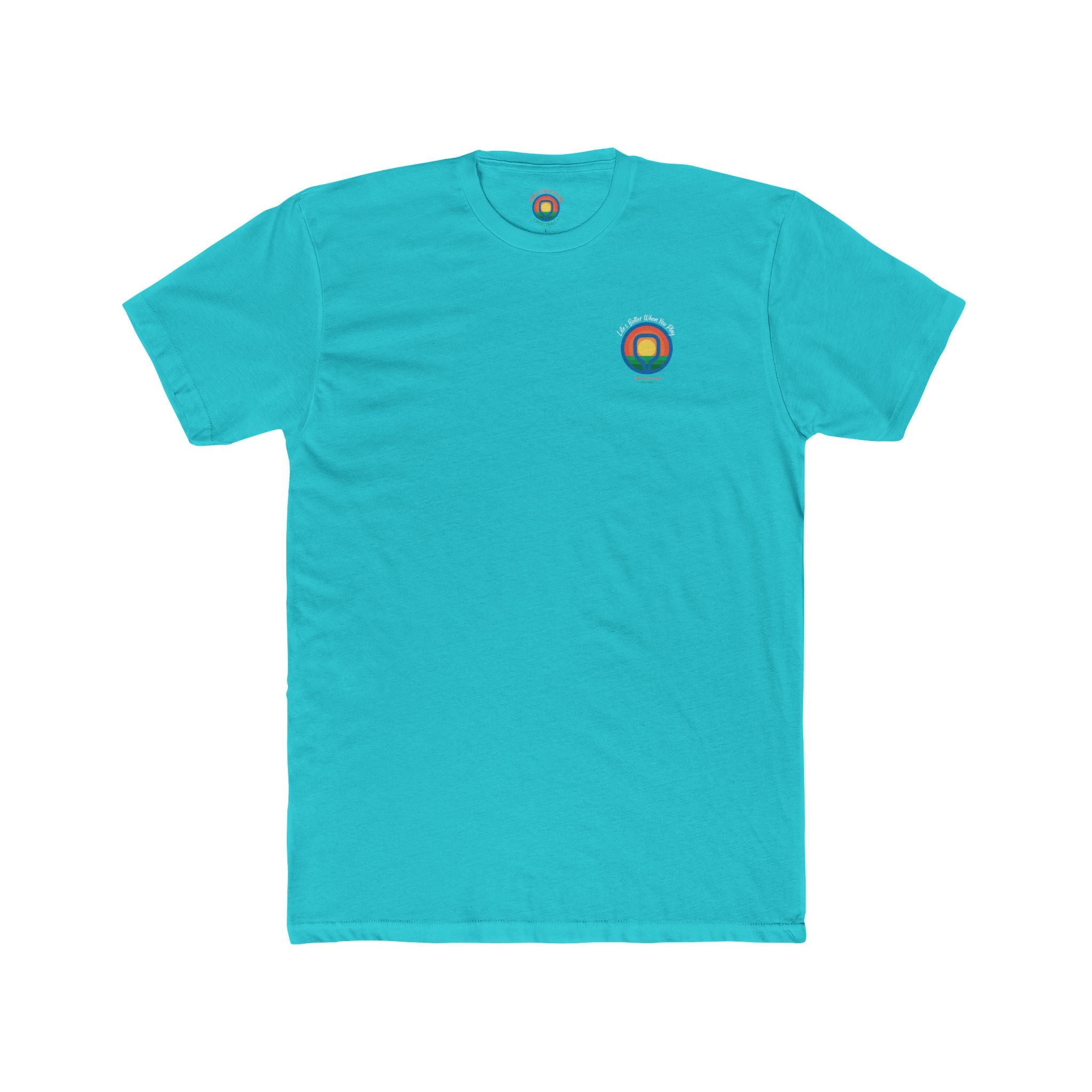 Turquoise t-shirt with a colorful logo on a white background