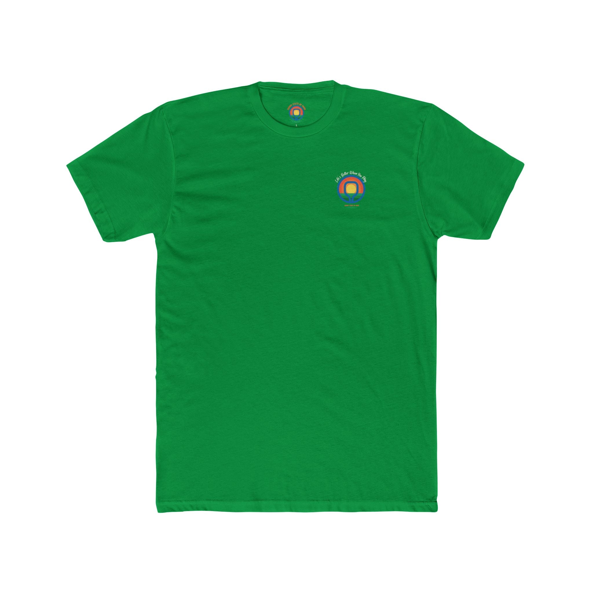 Green t-shirt with a small logo on a white background