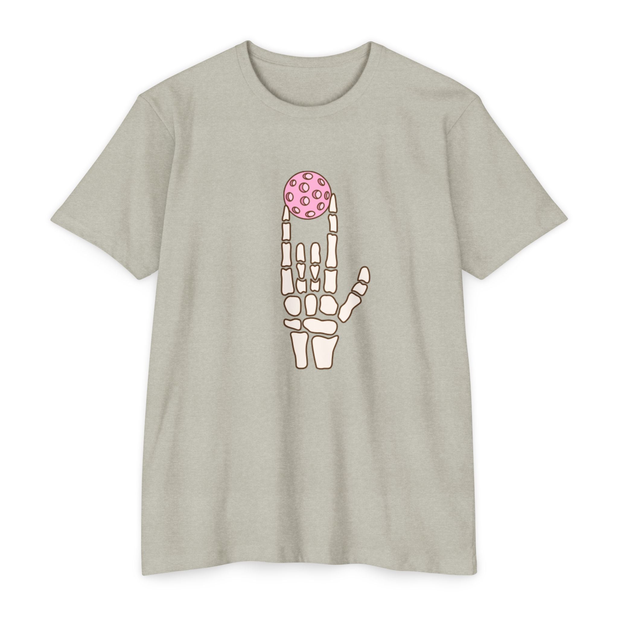t-shirt with a skeleton hand holding a pink ball design on a white background