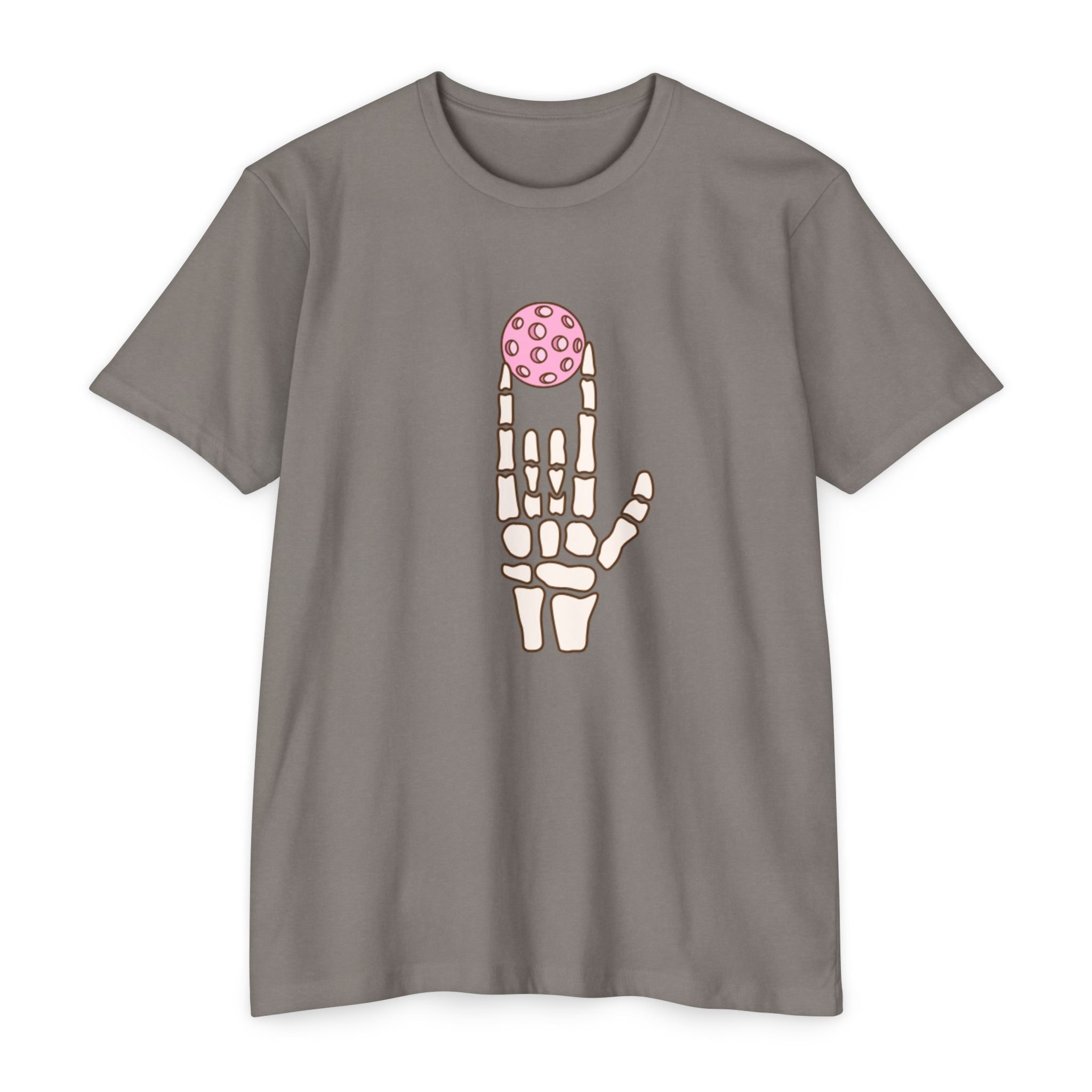 Gray t-shirt with a skeleton hand holding a pink ball design on a white background