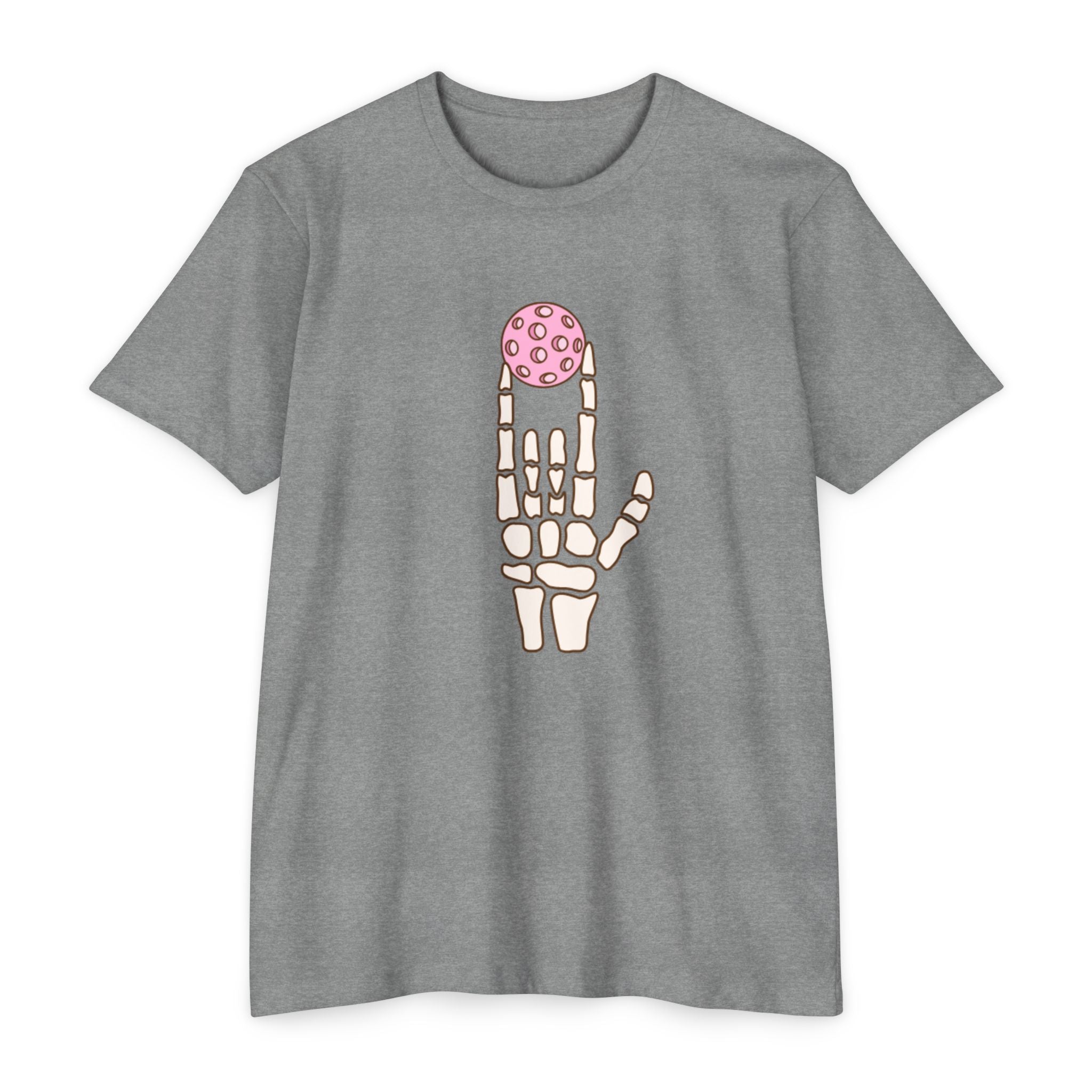 Gray t-shirt with a skeleton hand holding a pink ball design on a white background