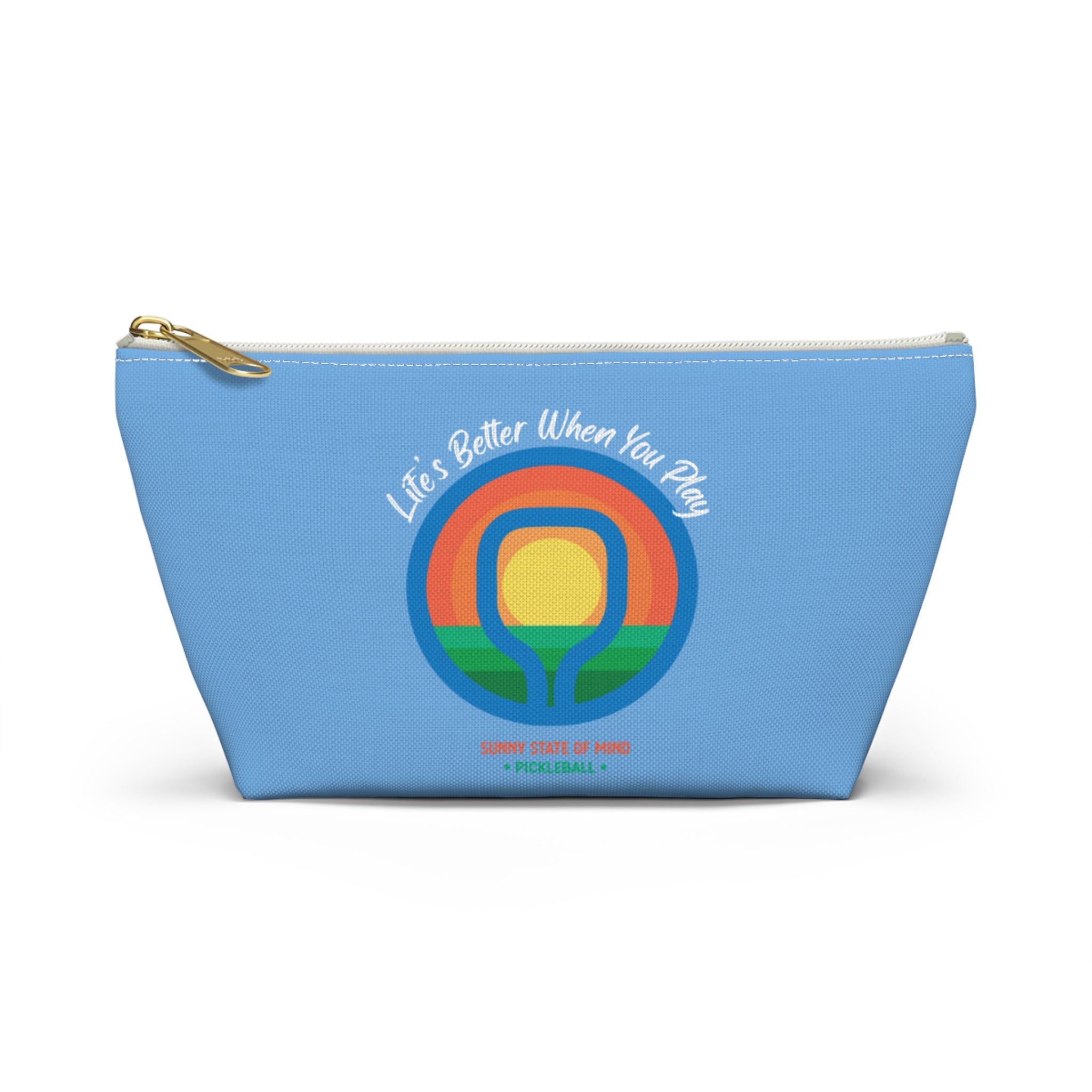 Blue pouch with a colorful design and text on a white background