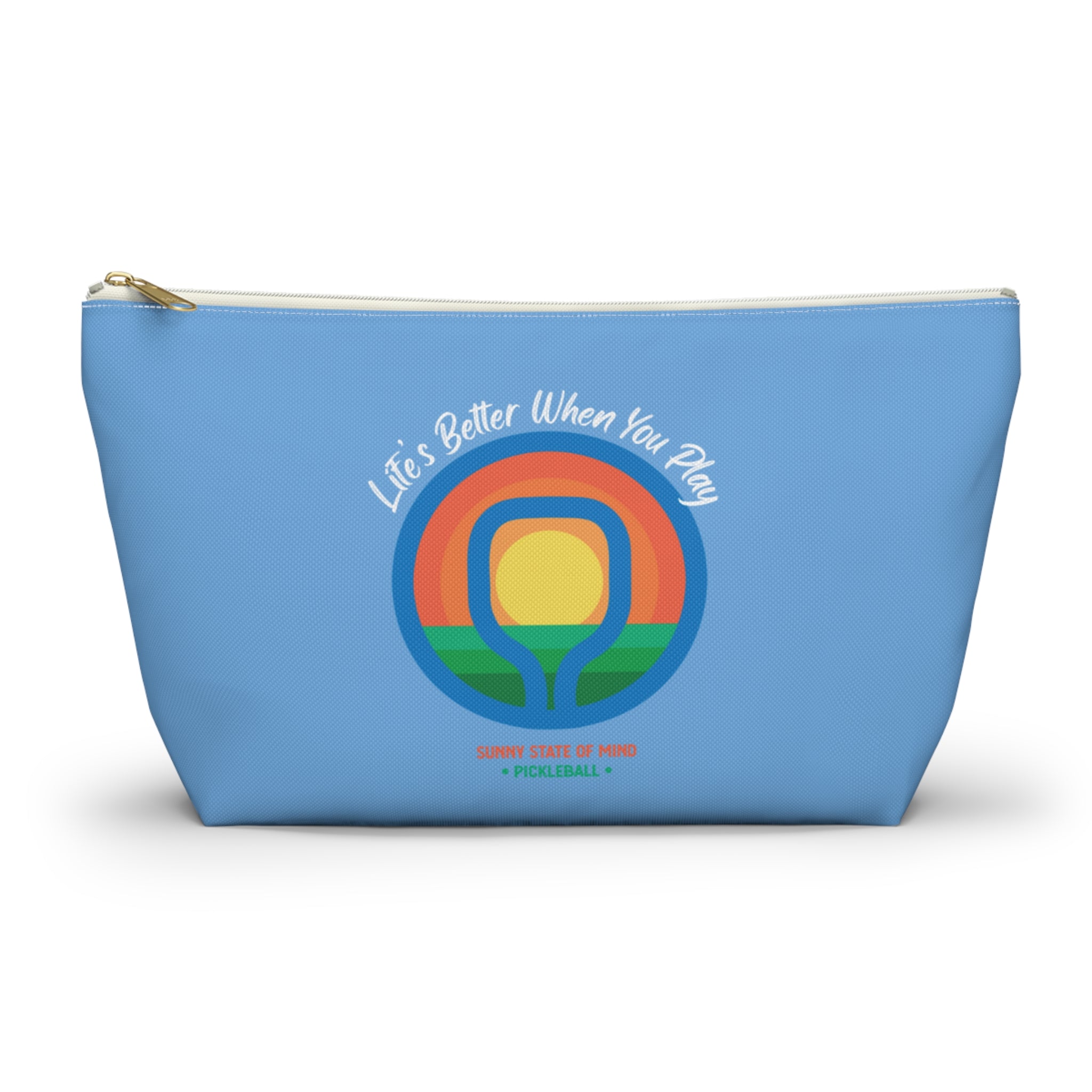 Blue pouch with rainbow design and text on a white background