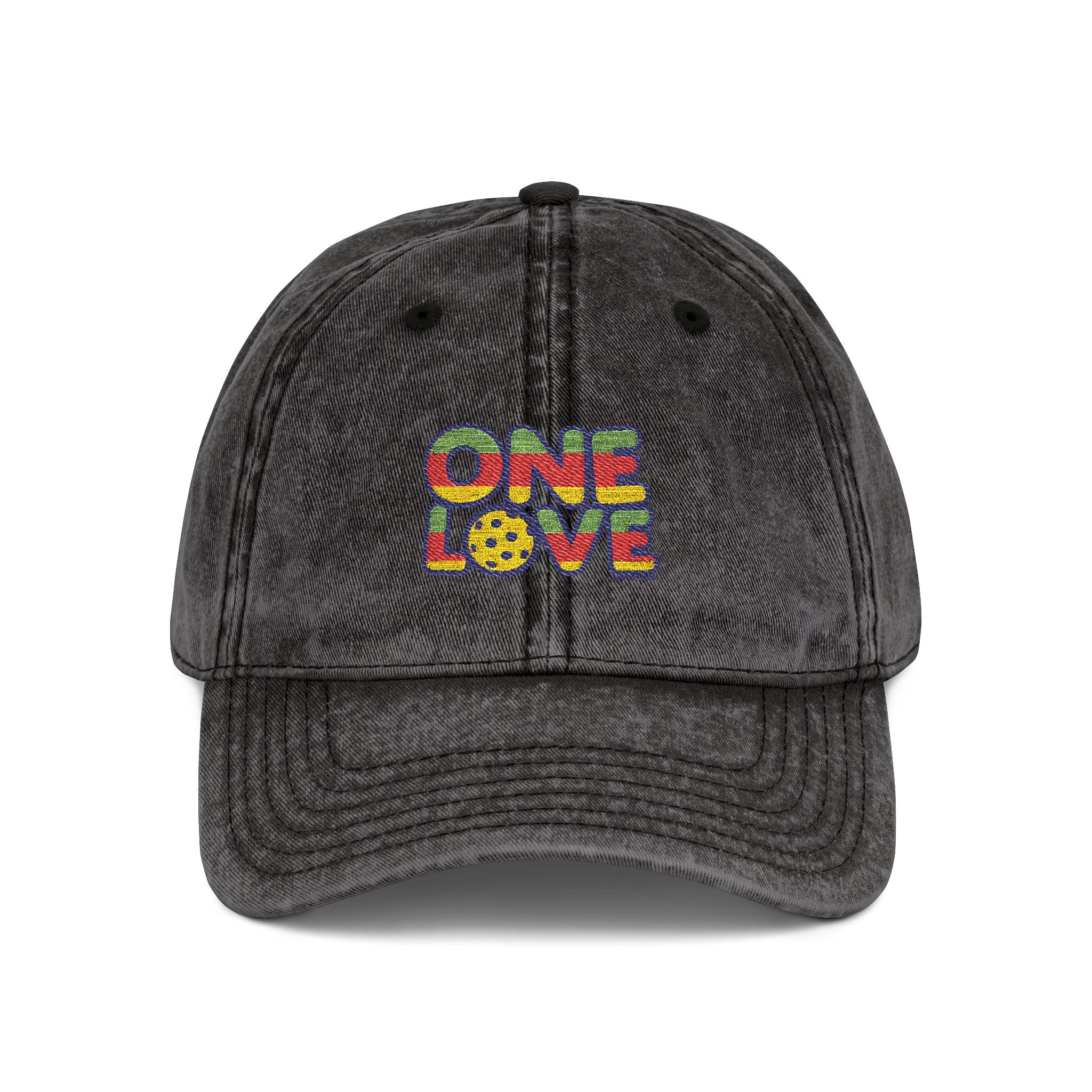 Black denim cap with 'One Love' text 